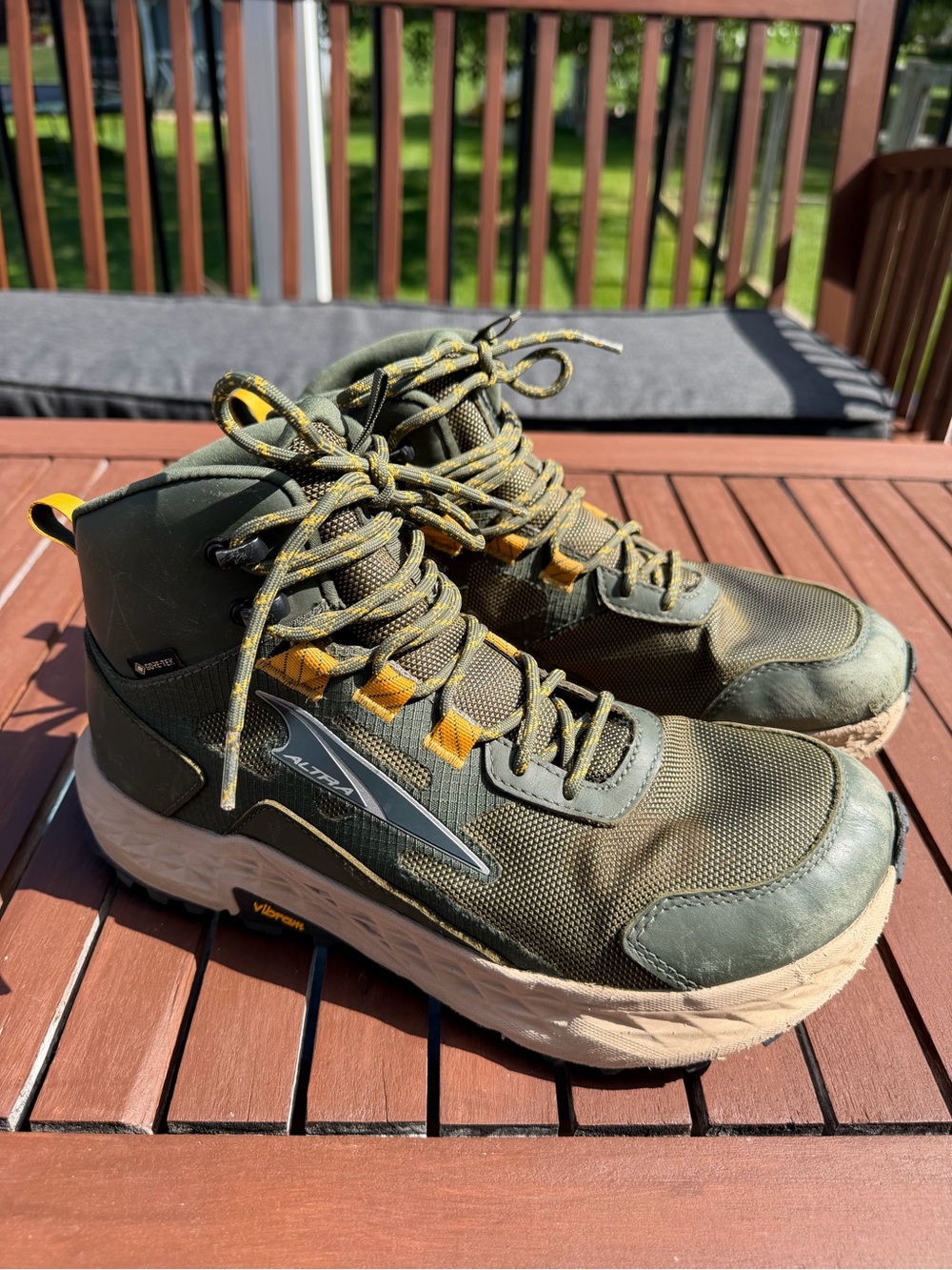 Altra Men’s 9 Olive Green and Mustard Trail Hikers